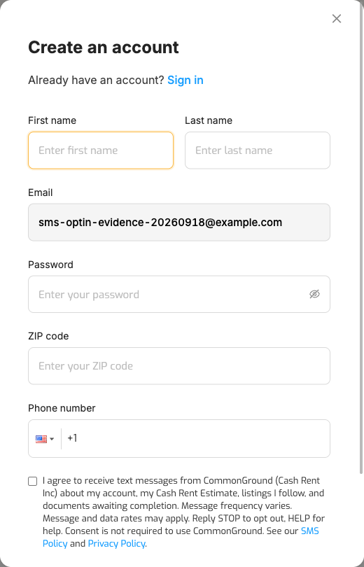 Create account form with the unchecked SMS consent box under the phone number field