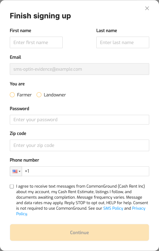 Finish signing up form with the unchecked SMS consent box under the phone number field